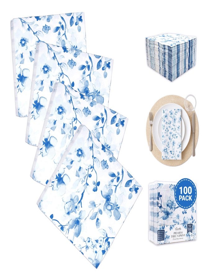 Decorably 3-Ply 100 Pack Disposable Blue Floral Cocktail Napkins Paper - 5x5in Folded Square, for Beverage, Appetizers, Dinner, Tea Party, Garden Party, Bridal and Baby Shower, Birthday, Wedding - Image 1